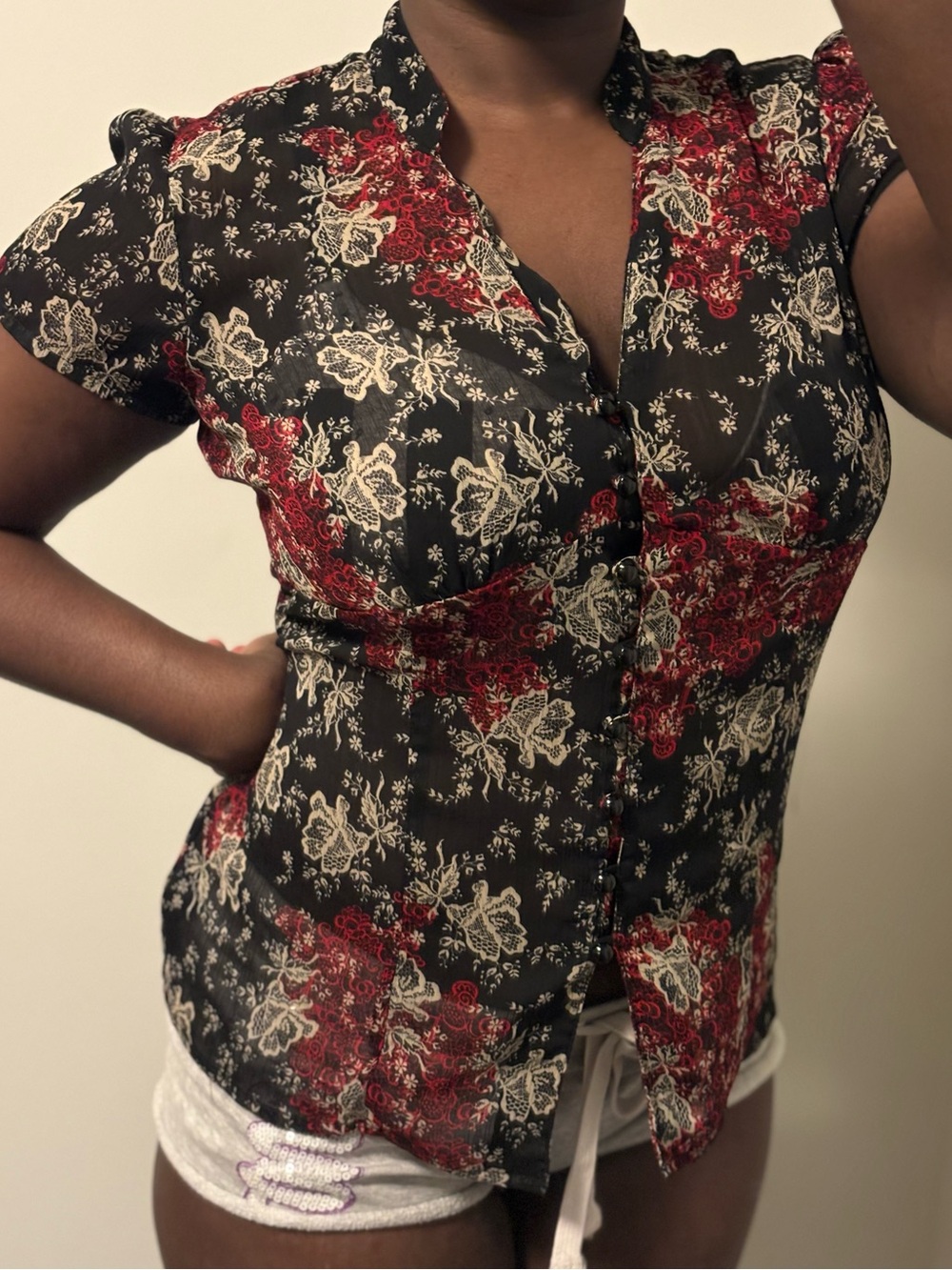 Vintage Reitmans Floral Button Short Sleeve Blouse - Black & Burgundy